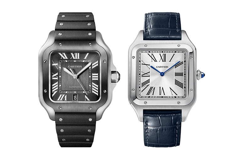 Confronto tra Cartier Santos Dumont e Santos de Cartier, due orologi di lusso iconici con design a cassa quadrata, quadrante con numeri romani e cinturini differenti in pelle e acciaio.