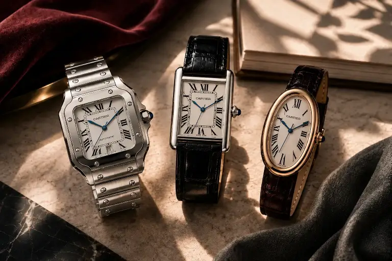 Tre iconici orologi Cartier rappresentativi dello stile elegante contemporaneo della maison francese: Cartier Santos, Cartier Tank e Cartier Baignoire fotografati in una composizione editoriale di lusso. L'immagine evidenzia il design senza tempo, le proporzioni equilibrate e l'eleganza che rendono gli orologi Cartier tra i modelli più apprezzati dagli appassionati di alta orologeria e del mercato del secondo polso.