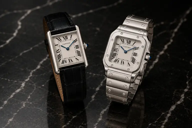 Cartier Tank con cinturino in pelle e Cartier Santos con bracciale in acciaio a confronto su sfondo in marmo nero.