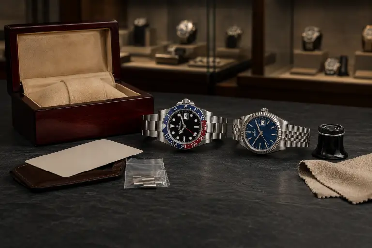 Rolex GMT-Master II Pepsi e Datejust 36 blu con condizioni e corredo differenti su un tavolo da valutazione
