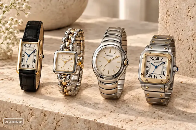 Quattro orologi Cartier da donna di secondo polso con forme, proporzioni e bracciali differenti